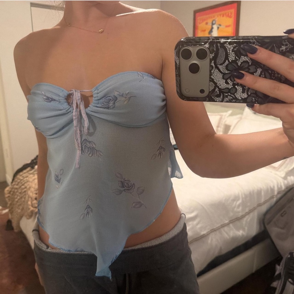 Light Blue Floral Strapless Top
